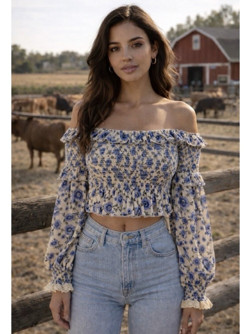 Scandal  Italy Yasmine Smocked Top L Cream Blue Floral Long Sleeve Cropped NEW